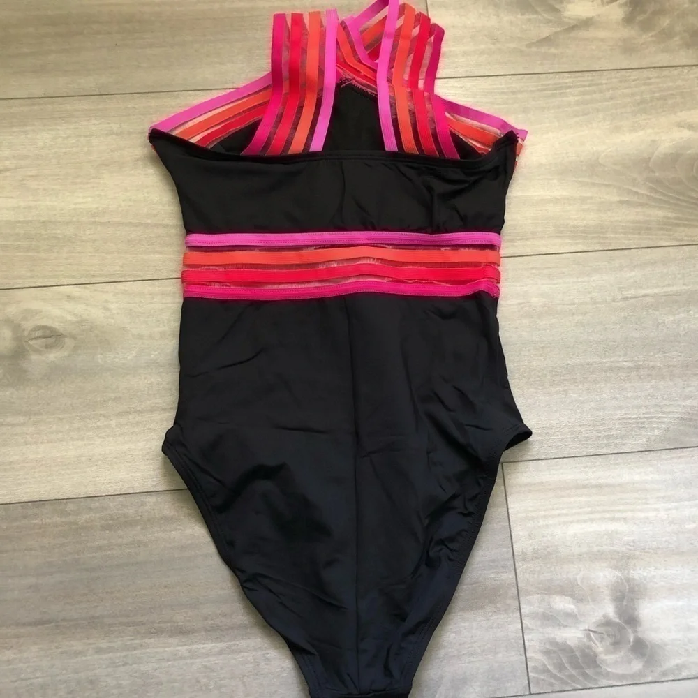 New Kenneth Cole High Neck Cross Front Banded One Piece Swimsuit S